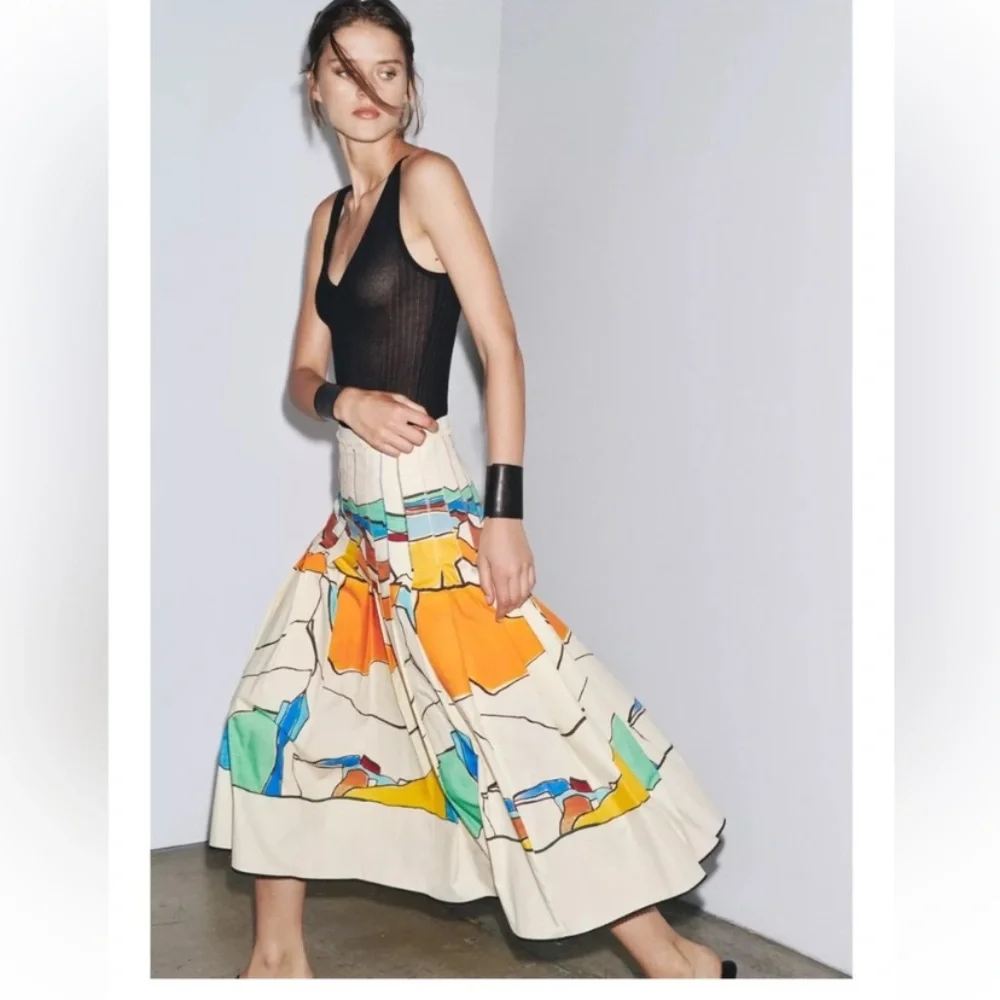 ZARA Printed Pleated Midi Skirt Colorful Abstract Painting Medium, NWOT - Picture 5 of 12